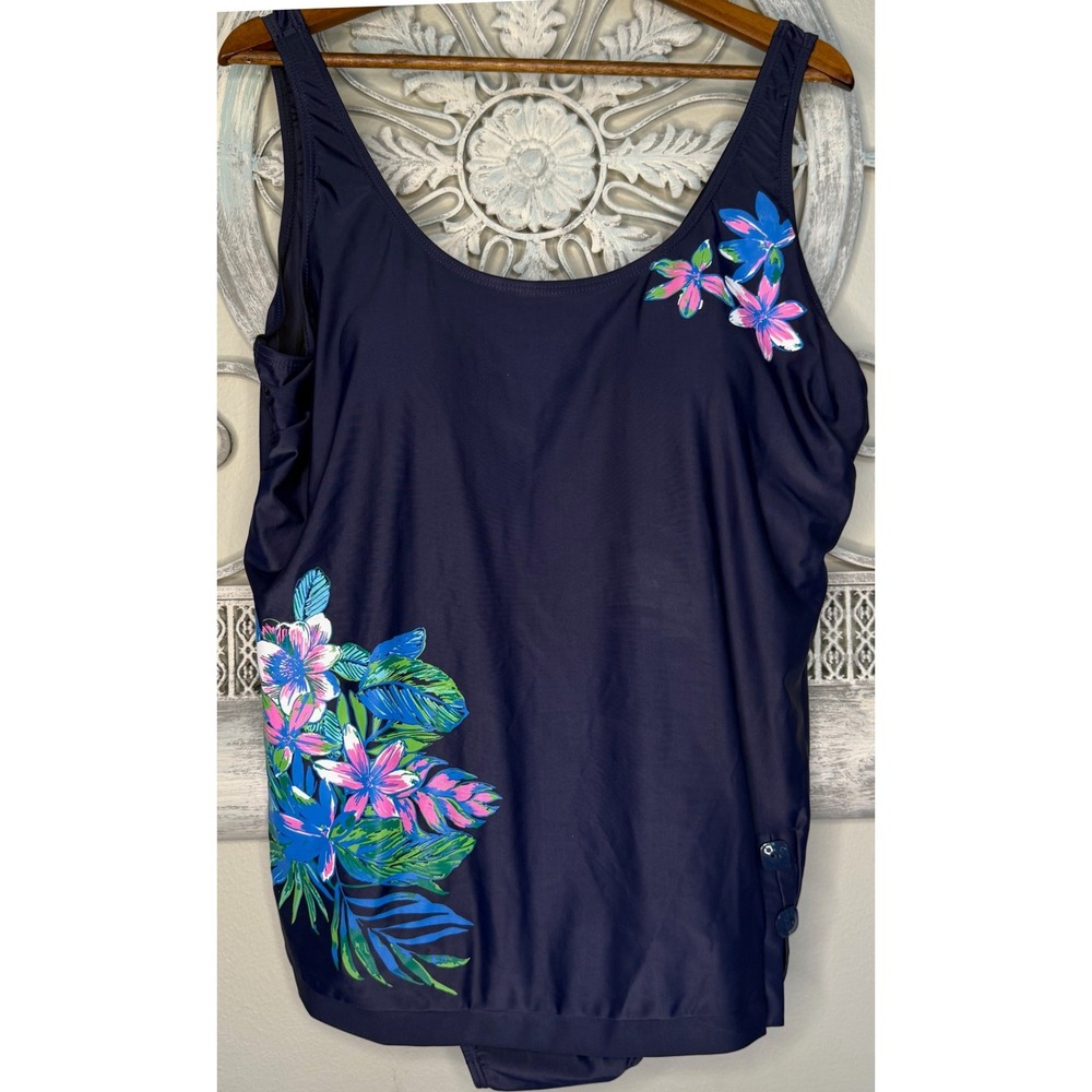 Blair Womens Navy Tropical Floral Swim Dress One Piece Swimsuit Size 24W EUC